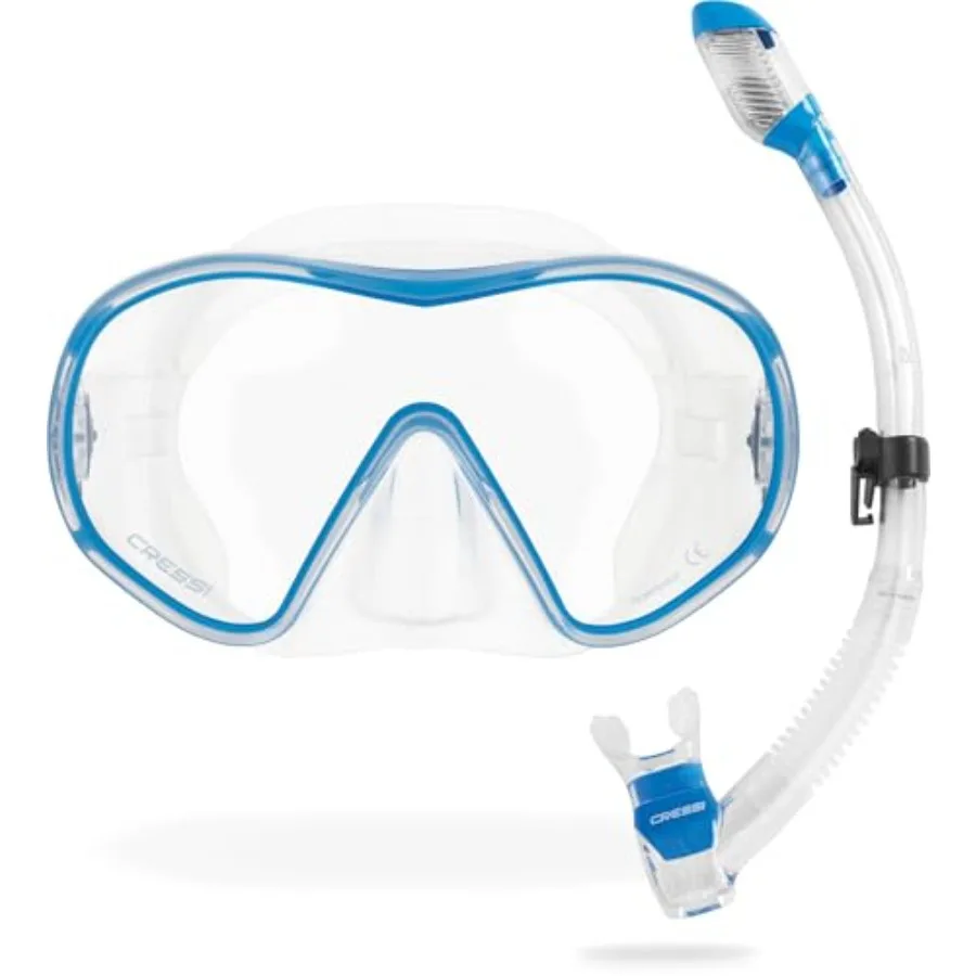 

Snorkeling scuba diving mask and dry snorkel: frameless single lens silicone skirt black color Italian design anti-fog wide fie