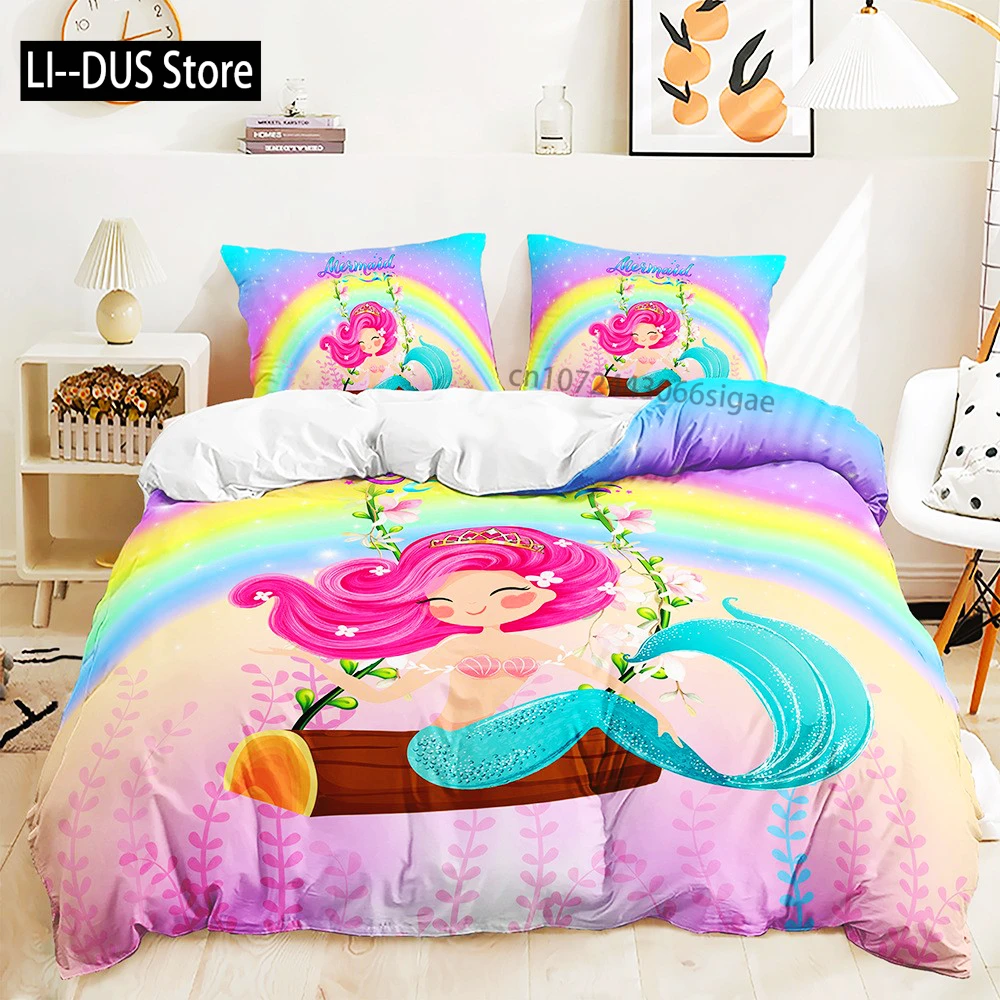 

Mermaid Beautiful Rainbow Bedding Set Polyester Duvet Cover Set Single Full Twin Queen Comforter Sets For Girls Women Bed Linen