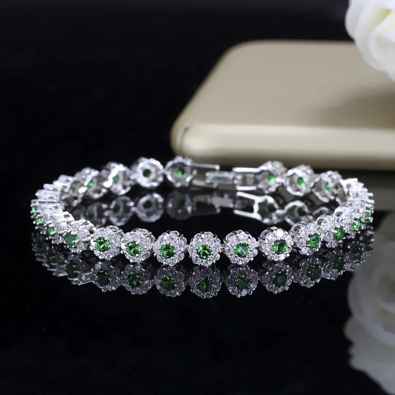 ThreeGraces Elegant Multicolor Cubic Zirconia White Gold Color Fashion Flower Link Chain Bracelet for Women Party Jewelry BR382