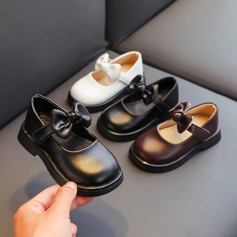 Kids Leather Shoes for Girls 2025 Autumn New Toddler Dress Shoes with Bow Non-slip Soft Sole First Walkers Party Flats 1-3years