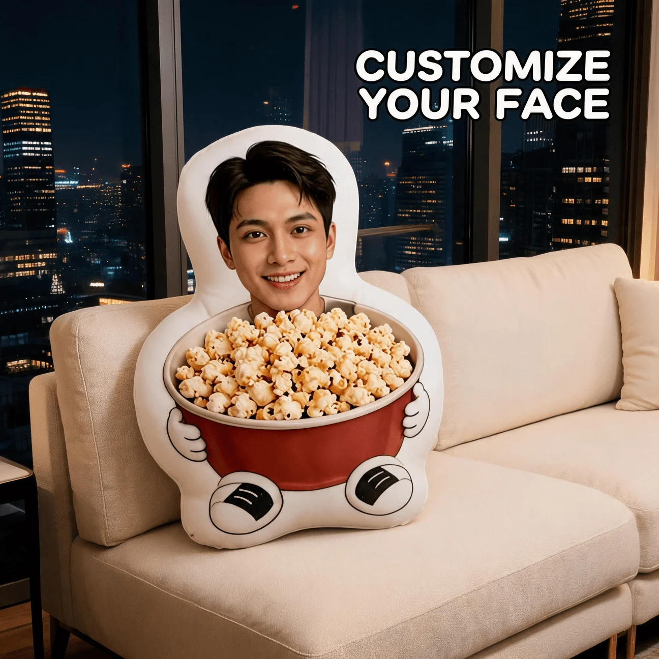 Custom Photo Popcorn Bucket Shaped Pillow, Personalized Face Decorative Cushion with Smiling Portrait, 70cm Funny Home Decor Acc