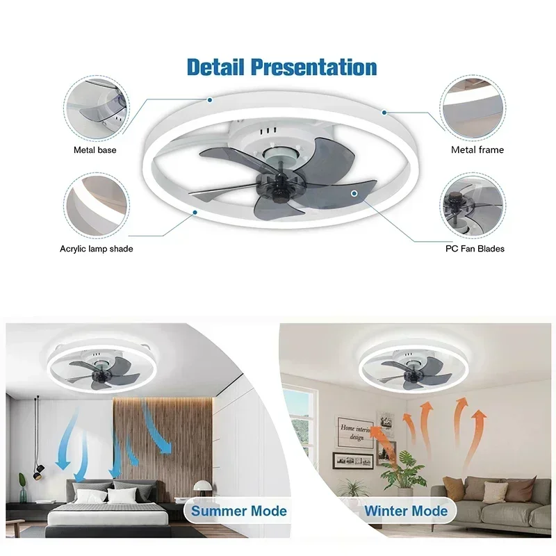 Image 4: Ventilateur de plafond moderne et minimaliste, adapté aux salons et aux chambres, avec un design silencieux et une lumière intégrée.