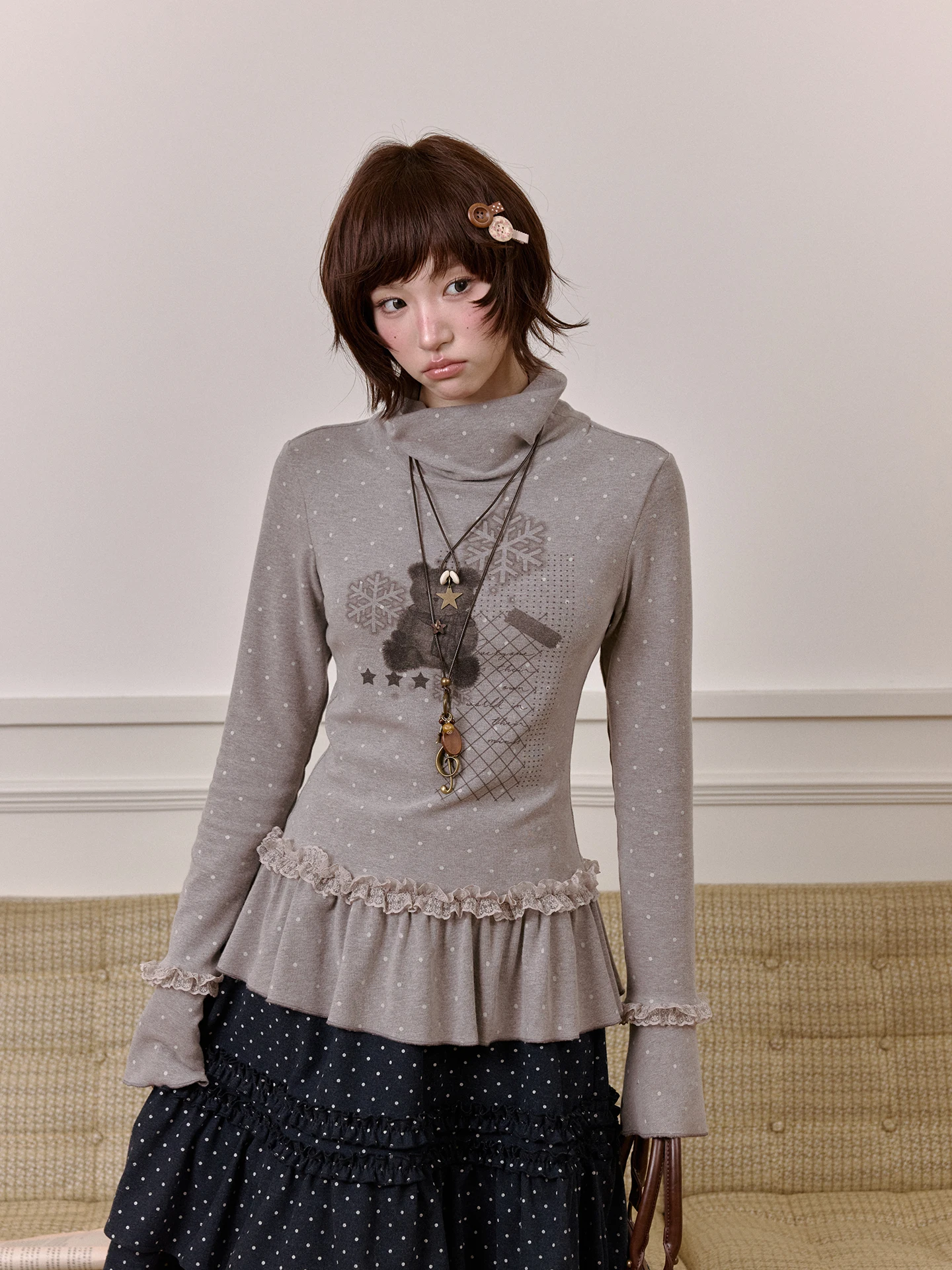 

Футболка с высоким воротником и длинными рукавами серии Kyouko Honey Bear, винтажная, облегающая, базовый слой, для молодых женщин, зимняя одежда