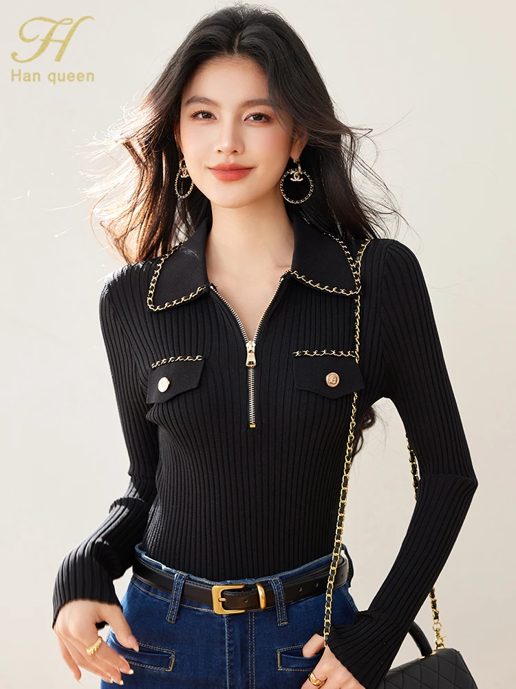 H Han Queen Spring Zipper Tops Sweater Long Sleeve Black Vintage Casual knitted Pullover Sweaters Korean Style Women\'s Clothing