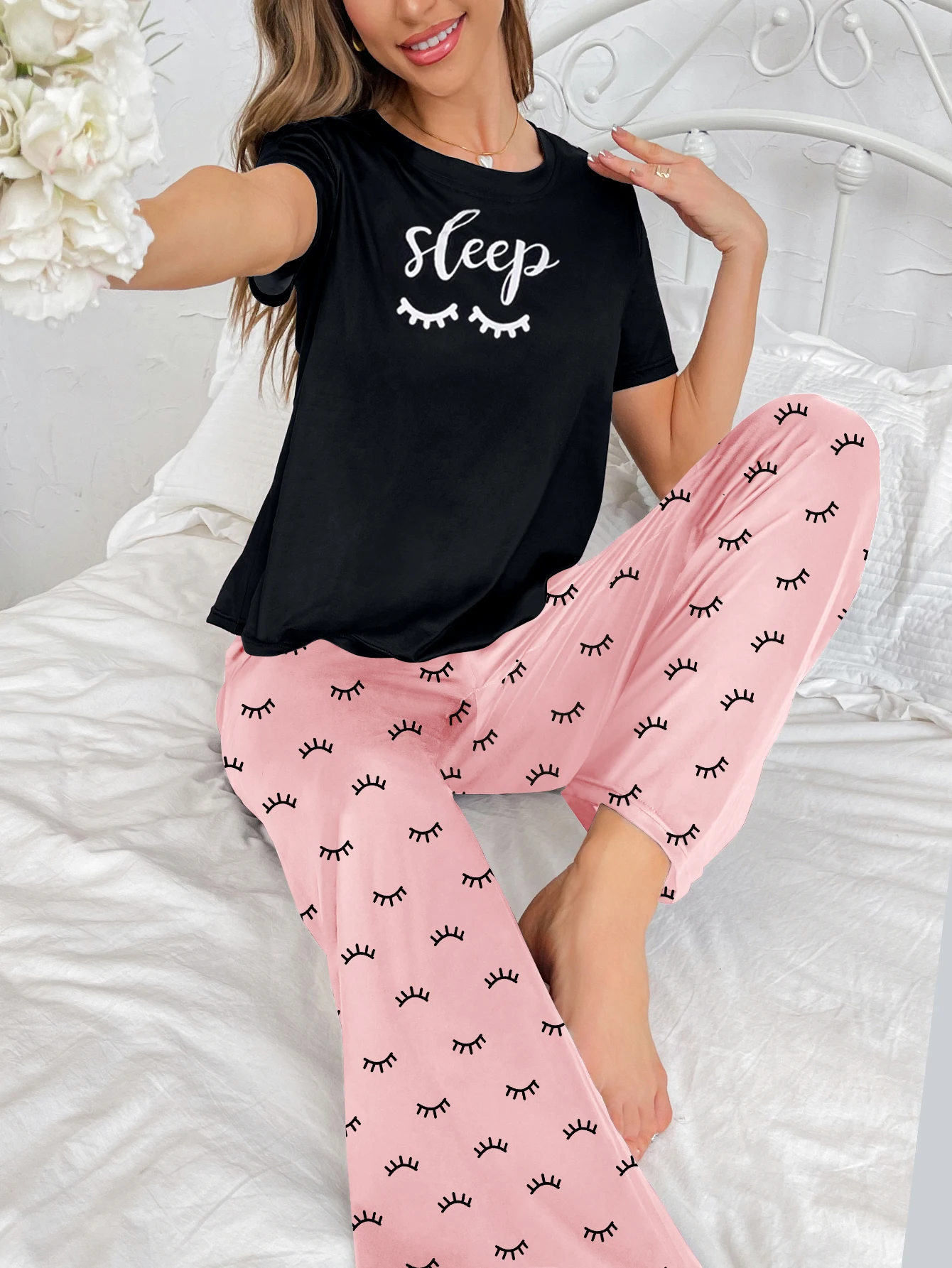 Women\'s new style home wear letter pattern short-sleeved blouse printed trousers two-piece casual pajamas set