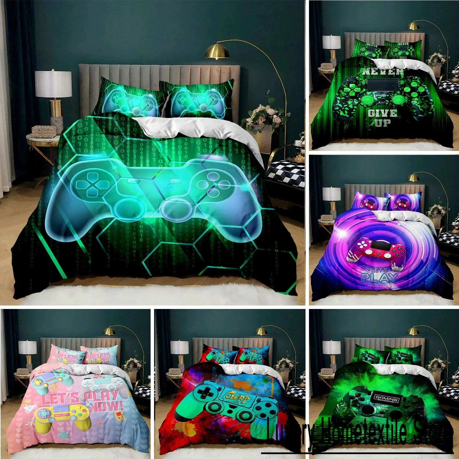 Gamepad Duvet Cover Set Twin King Size Polyester Gaming Comforter Cover Gamer Decor for Teen Boys Green Neon Gamepad Bedding Set