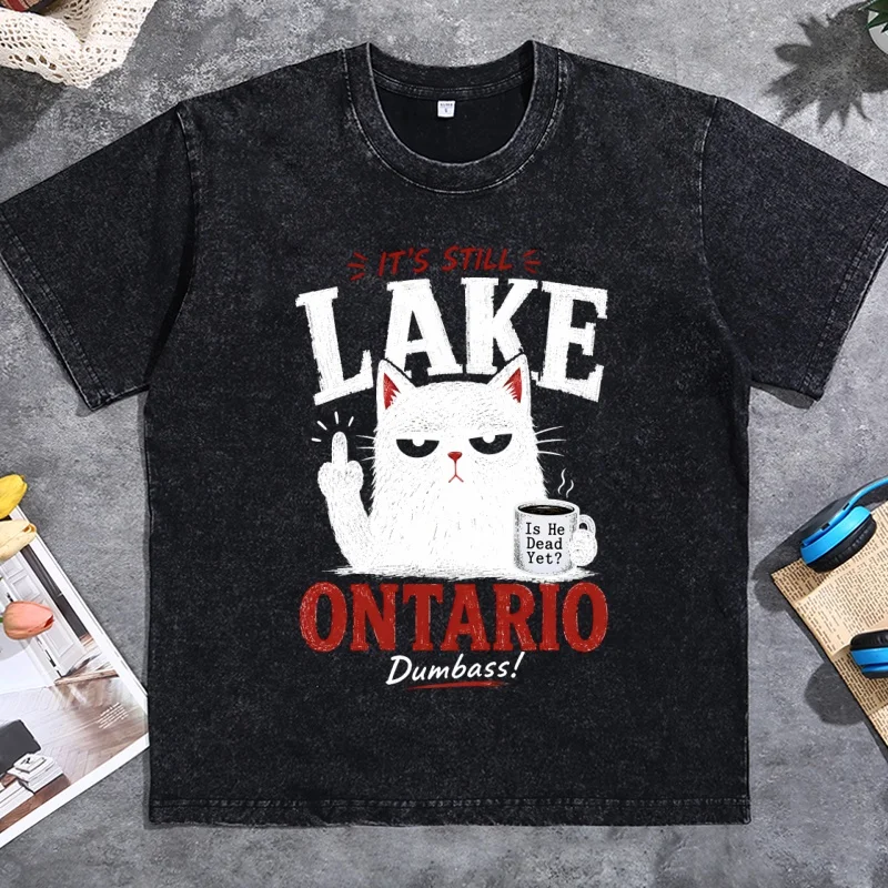 Its Still Lake Ontario Tshirt Funny Cat Printed Cotton Short Sleeve T-shirts Casual Round Neck Vintage Washed Tees Oversized