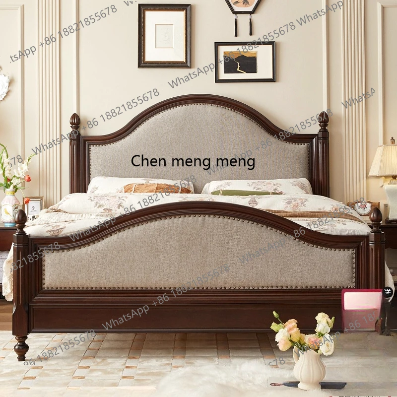 

American retro solid wood bed 1.8 meters fabric soft bed small apartment bedroom double wedding bed