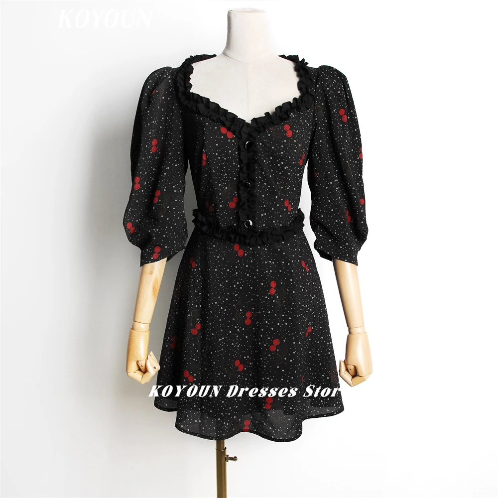 KOYOUN Autumn Catwalk Women's Cocktail Party Dress Puff Sleeves Cherry Polka Dot Sweet and Spicy Black Dress Fairy Skirt