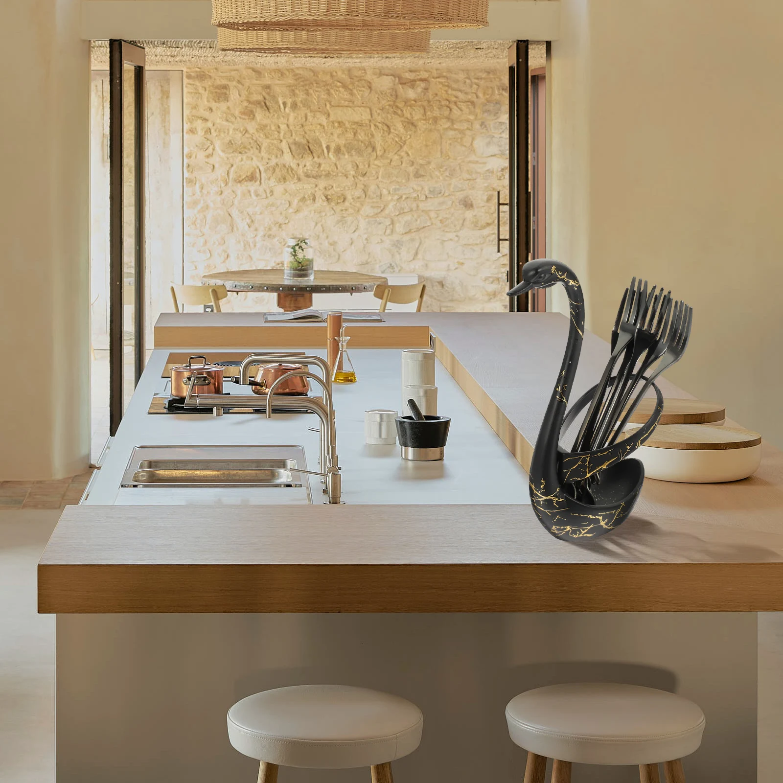 

Swan Base Fork Spoon Set Stainless Scoop Holder Kitchen Utensils Dessert Cake ganizer Teaspoons FruitSpoons