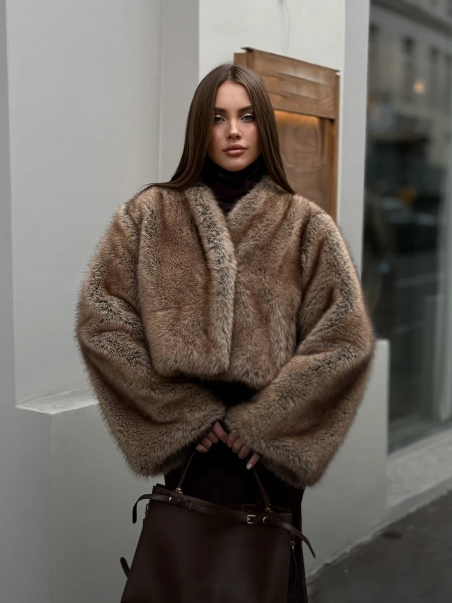 Women's Camel Brown Plush Faux Fur Coat 2026 Winter Warm Fluffy Crop Jacket Lapel Collar Open Front Elegant Fashion