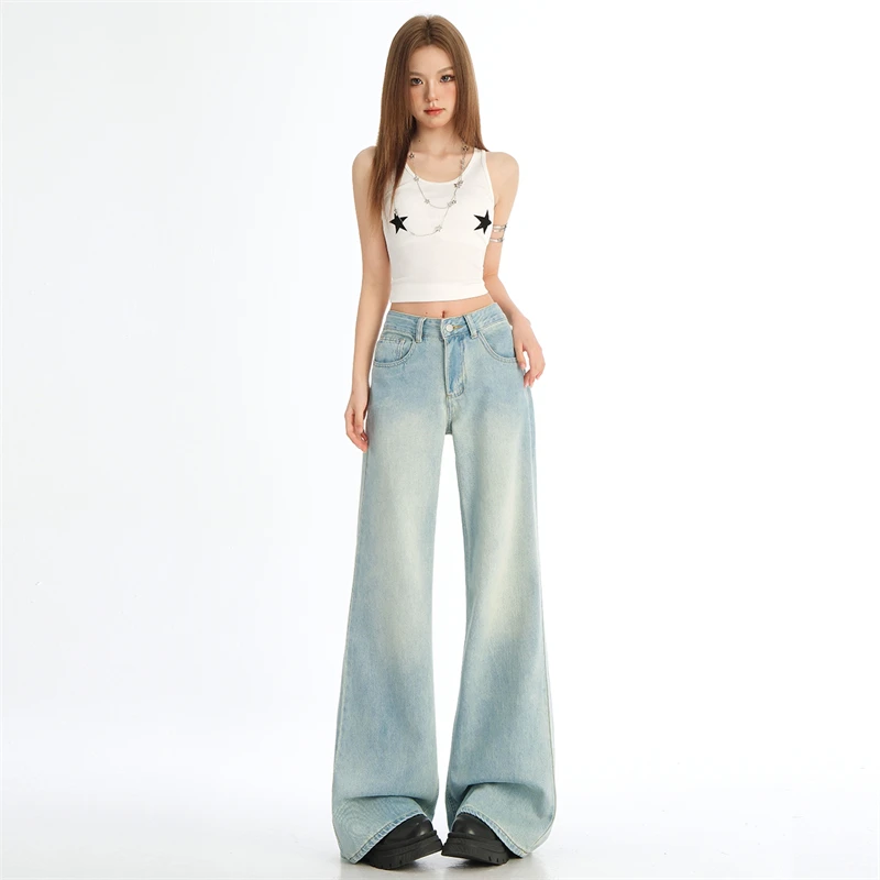 

Summer Flared Jeans Women Vintage Blue Denim Pants Streetwear Y2K High Waist Loose Harajuku Trousers