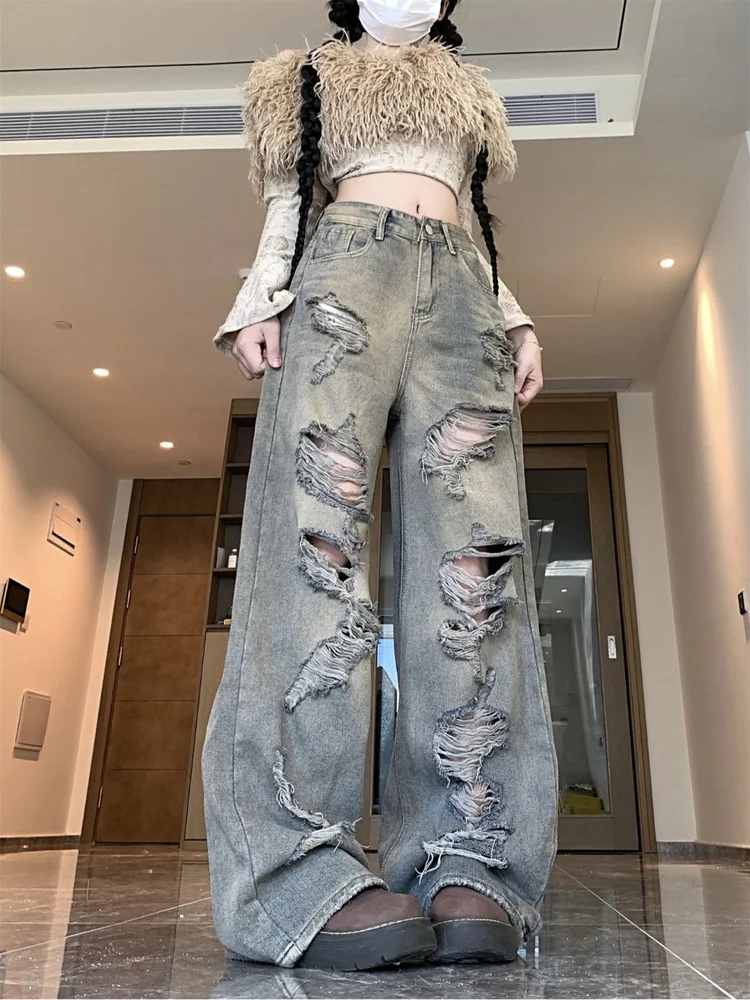 

High Waist Loose Wide Leg Jeans Women's Spring Draping Hole Punching Desert Style Long Trousers Casual Commute Style