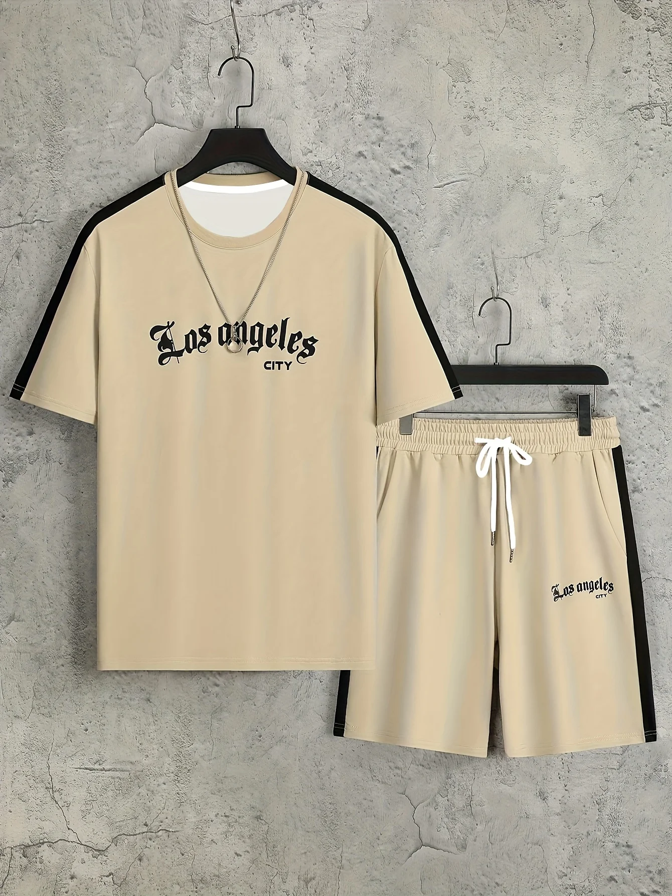 Summer Men's Gothic Letter Printed Comfortable Breathable Round Neck T-shirt Drawstring Shorts Set Outdoor Casual Two Piece Set