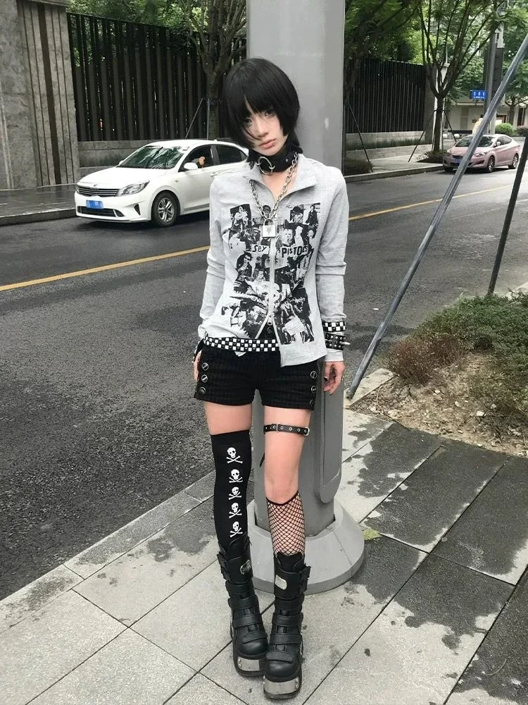 Punk Vintage Print Grunge Hoddies Women Streetwear Double Zippers 2024 Korean Sexy Jacket Y2k Aesthetic Slim Fit Gray Sweatshirt