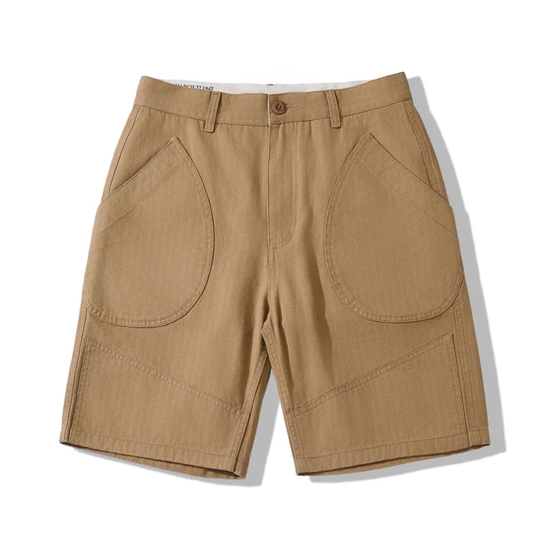 

American Retro Amikaji Pure Cotton Shorts with Fishbone Pattern Workwear Shorts, Five Point Casual Shorts, and Mid Length Shorts