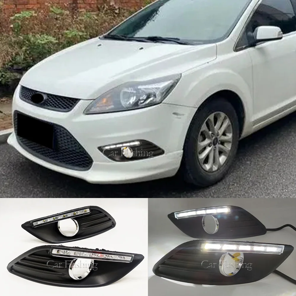 New！ 2PCS LED Daytime Running Lights For Ford Focus 2 Sedan MK2 2009 - 2014 Auto Dimming Function DRL Fog light Fog lamp cover