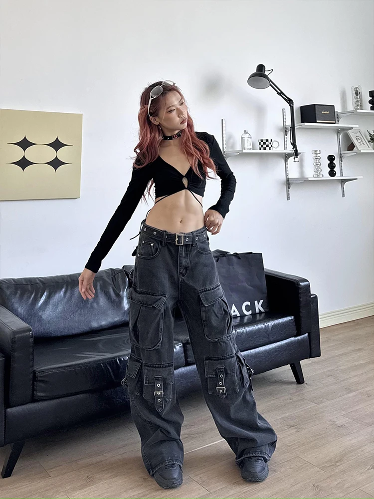 

YAMMYUKI Американские джинсы в стиле Spicy Girl Street, плотные, с эффектом потертости, с множеством карманов, прямые, широкие, рабочие, длинные брюки