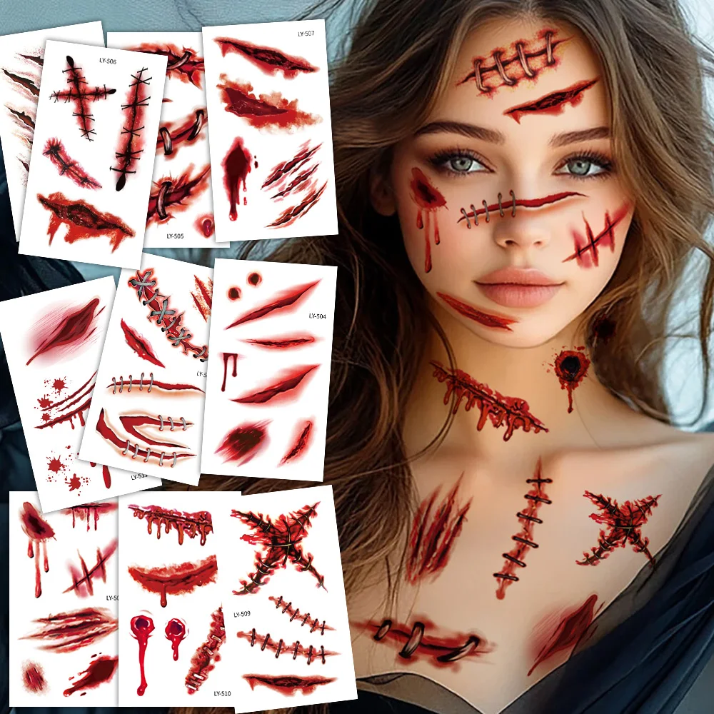 Halloween 3D Scar Temporary Tattoos -12 Sheets, Realistic Fake Bloody Wound Scab Tattoos, Cosplay Party Masquerade Prank Props
