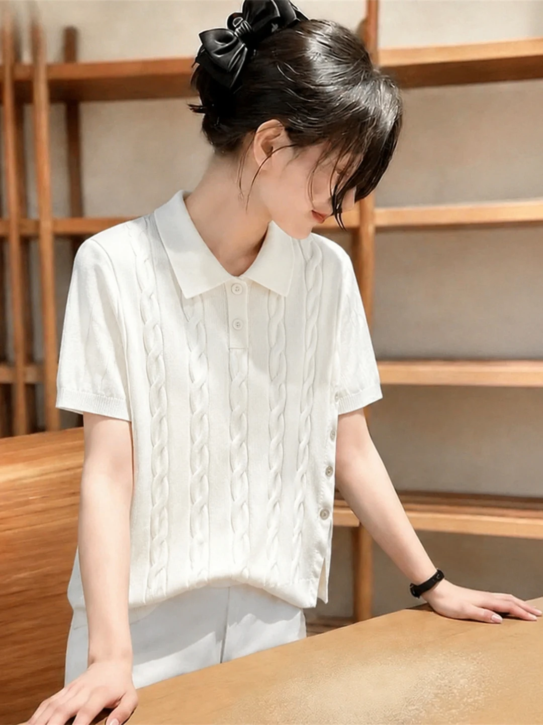 

Summer Soft Wind Simple Linen Knitted Ice Silk Neck Short Sleeve Top Versatile Basic Style Korean Version Straight Cut