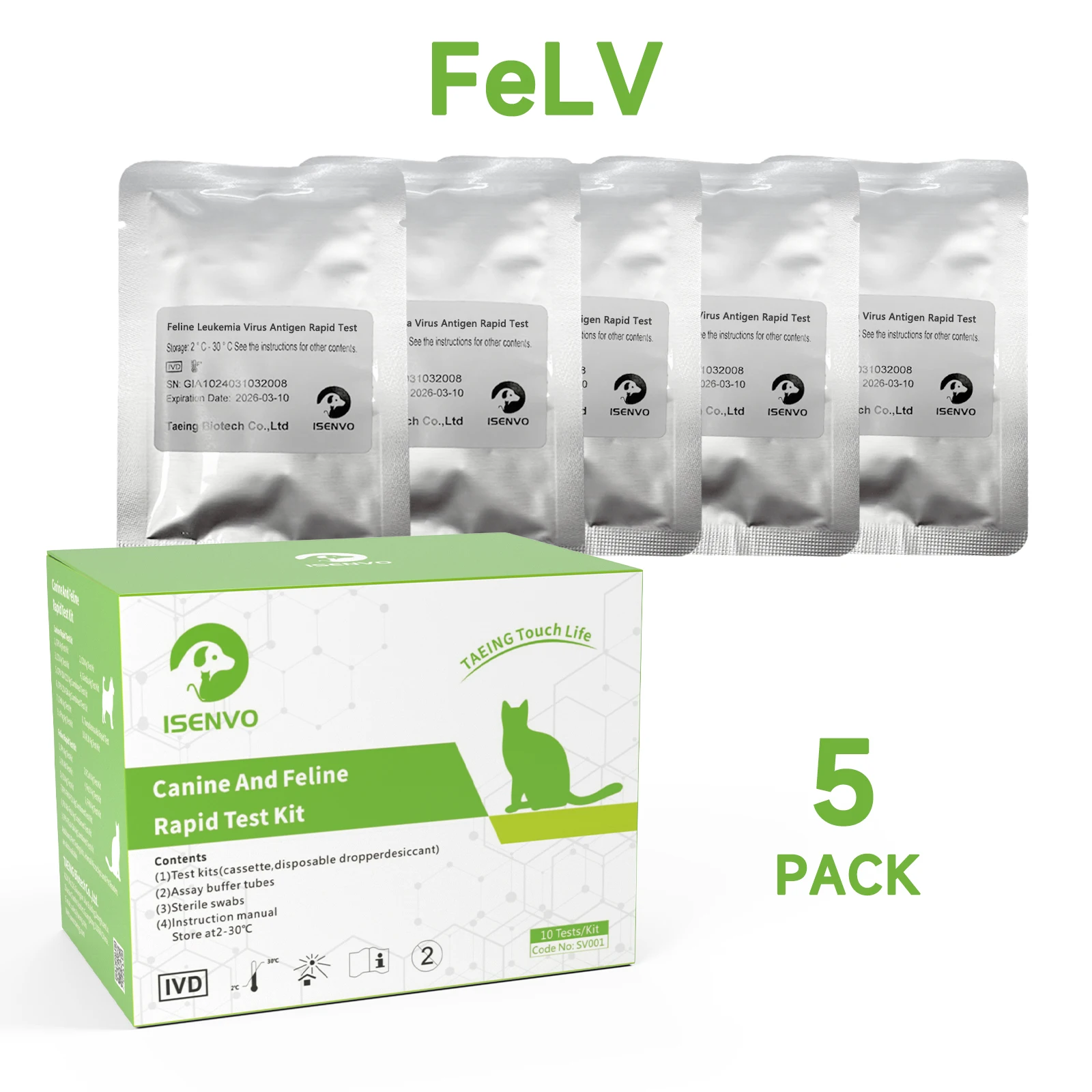 5 Pcs Feline FeLV Leukemia Virus Ag Rapid Test Kit Cat Kitten Home Health Care