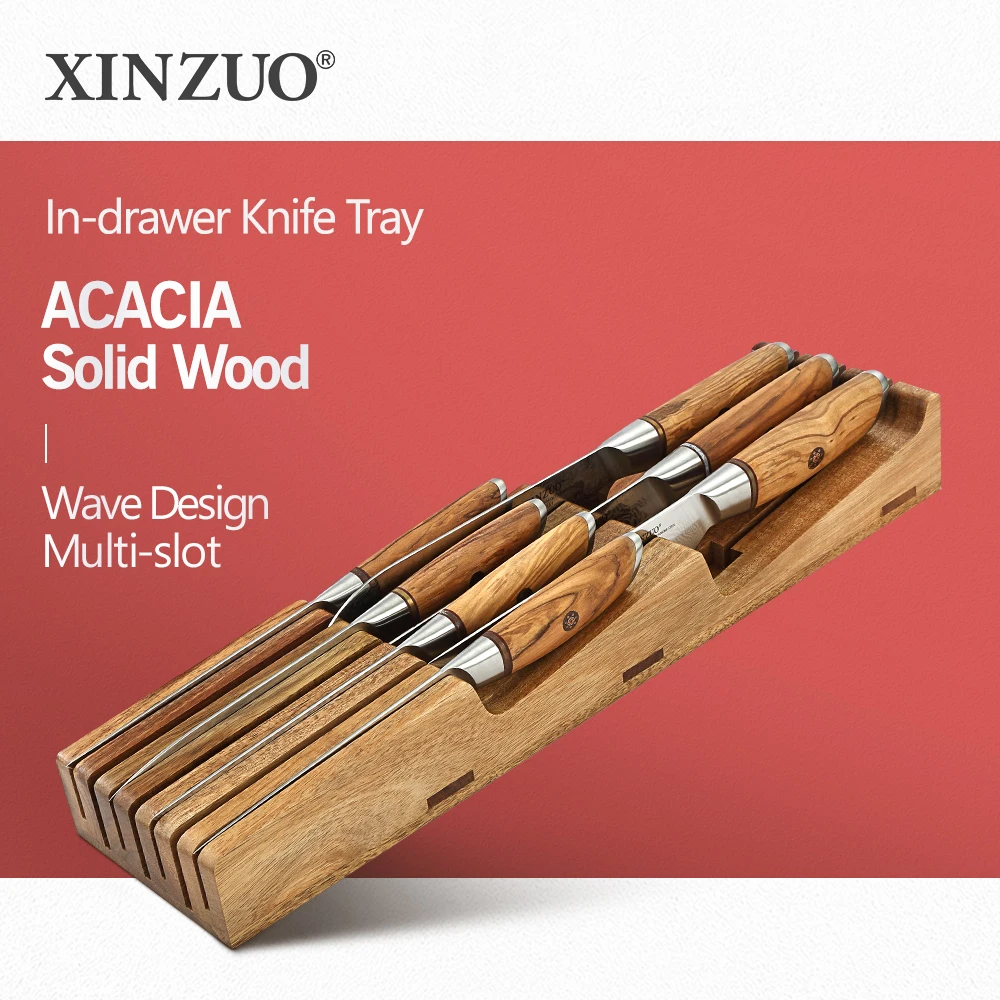 

XINZUO 7 Slots In-Drawer Knife Holder 3 Large Slots+4 Small Slots Acacia Wood Laying Horizontally Storage Of Various Knives