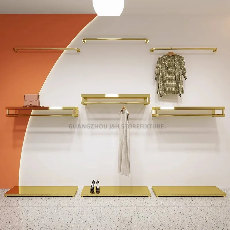 

Modern Women Shop Custom Design Wall Mounted Clothes Rack Hanger Display Shiny Gold Floor Display Shoes Stand