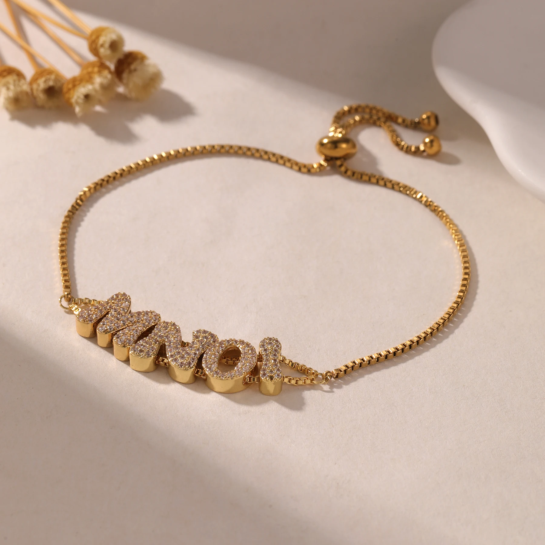 

Custom 3D Bubble Name Bracelet Personalized Double Layer Crystal Zirconia Letter Adjustable Slider Christmas Gift for Her