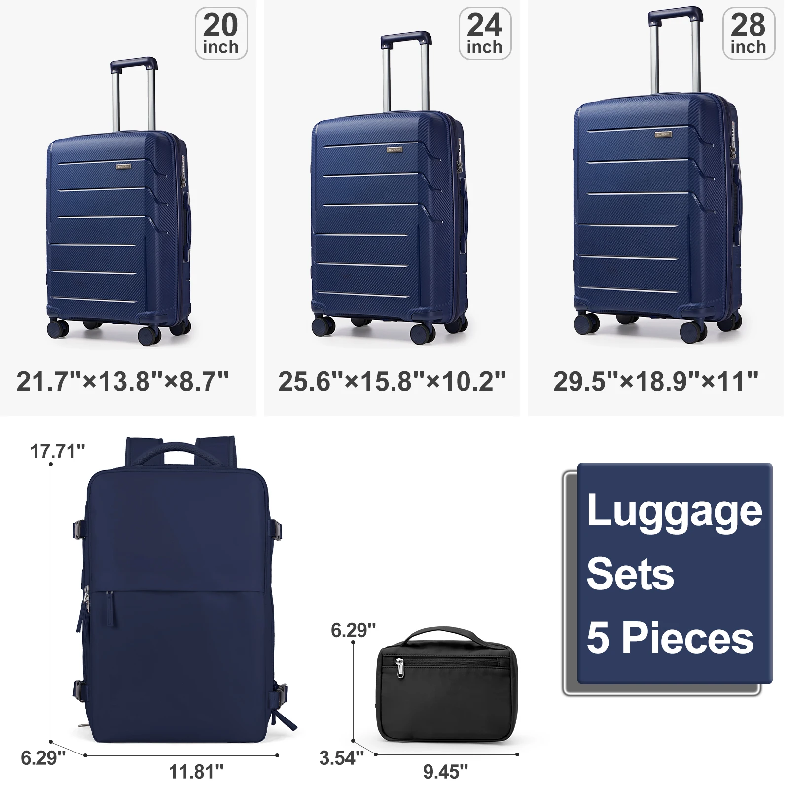 5-Piece Travel Luggage Suitcase Set - Hybrid Hard Shell, Set of Trolley Suitcases with 4 Wheels TSA Lock, Hand Carry on Suitcase