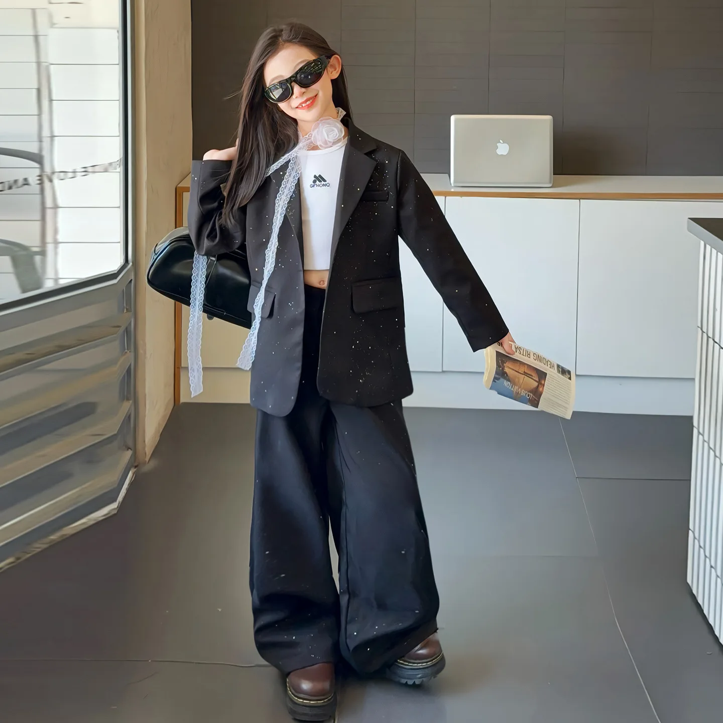

Korean Teenager Girls Outfit Children Girls Sequins Long Sleeves Suits Turn Down Collar Coat+Wide Leg Pant Kids Girls 2pcs Sets