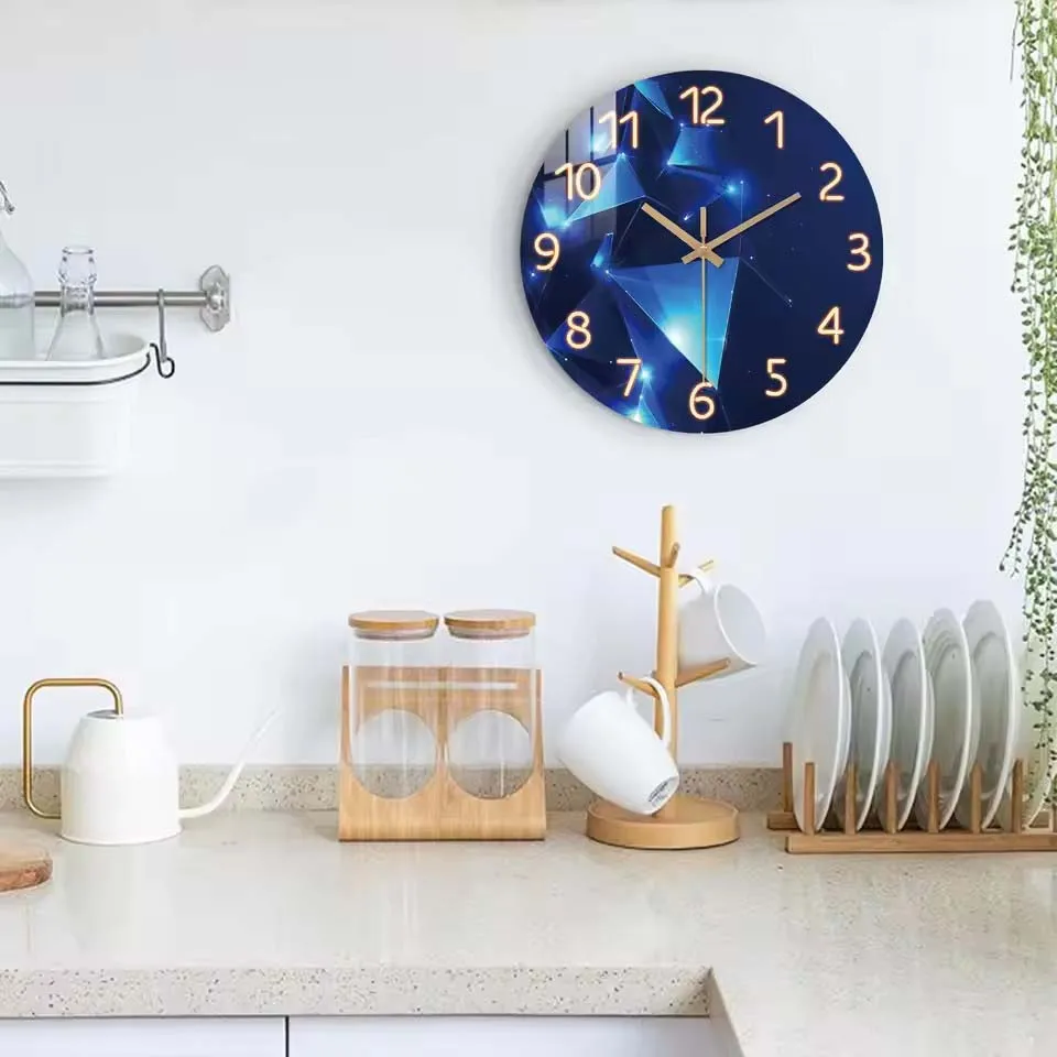 1pc 12inch Wall Clock Geometric Elements Dark Blue Thickened Tempered Glass Silent Movement Quartz Living Room Home Decor Gift