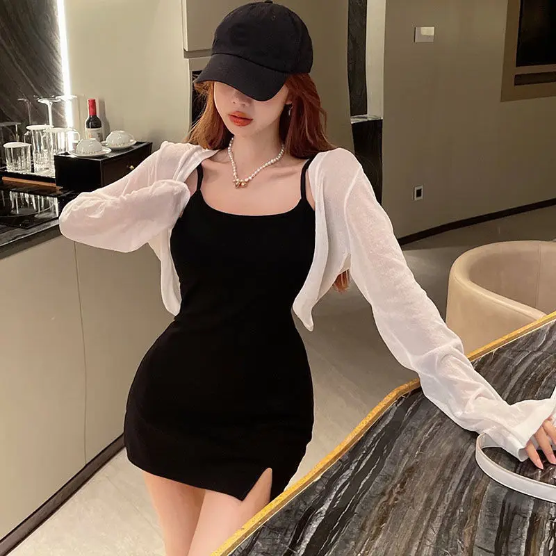 Cropped Cardigan Women Sun-proof Summer Hollow Out Temperament Long Sleeve Chic Solid Femme Korean Style Sweet Knit Simple Soft