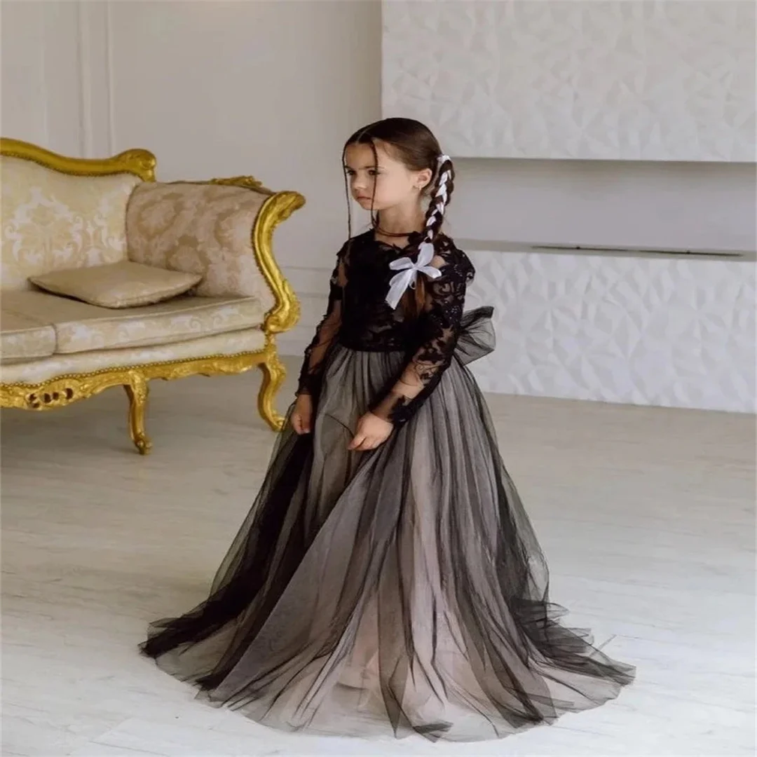 Czarna sukienka dla dziewczynki na jedno ramię, tiulowa suknia ślubna dla dziewczynki, sukienka transformująca się z koronki, sukienki na konkursy piękności dla dziewczynek, sukienka księżniczki.