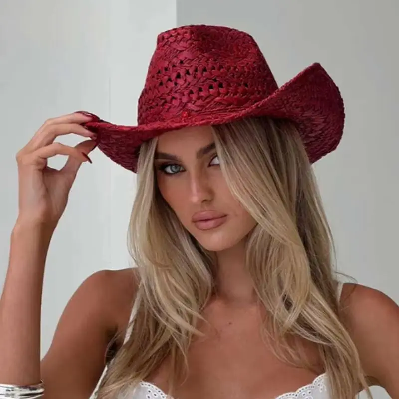 Cowboy hat red hand-painted summer straw hat men and women cowboy hat outdoor travel sun protection beach hat sombrero vaquero