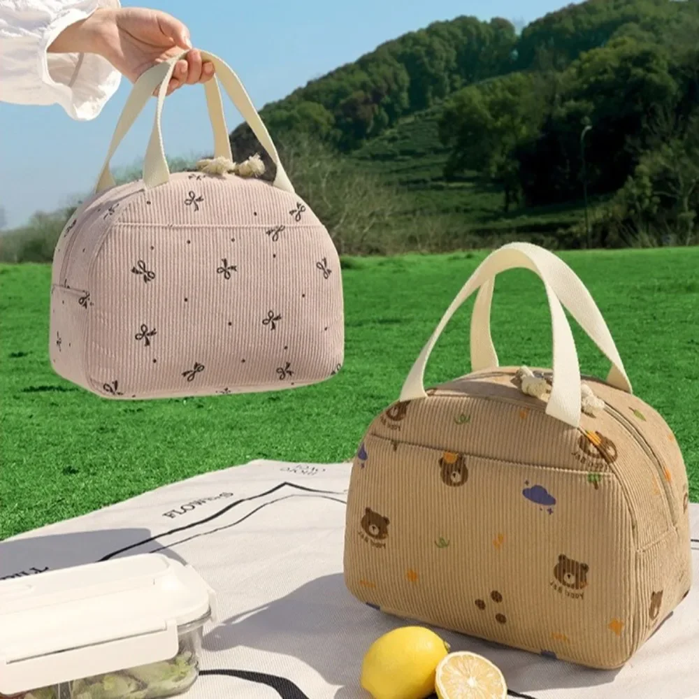 New Corduroy Lunch Bag Multi-functional Cute Bear Bow Cooler Bag Thermal Insulated Storage Handbag for School