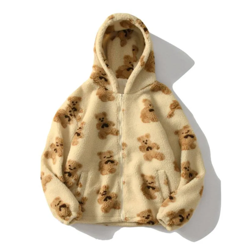 Autumn Winter Womens Hooded Fleece Sweatshirt Cartoon Bear Print Zipper Pocket Plush Casual Sweatshirt