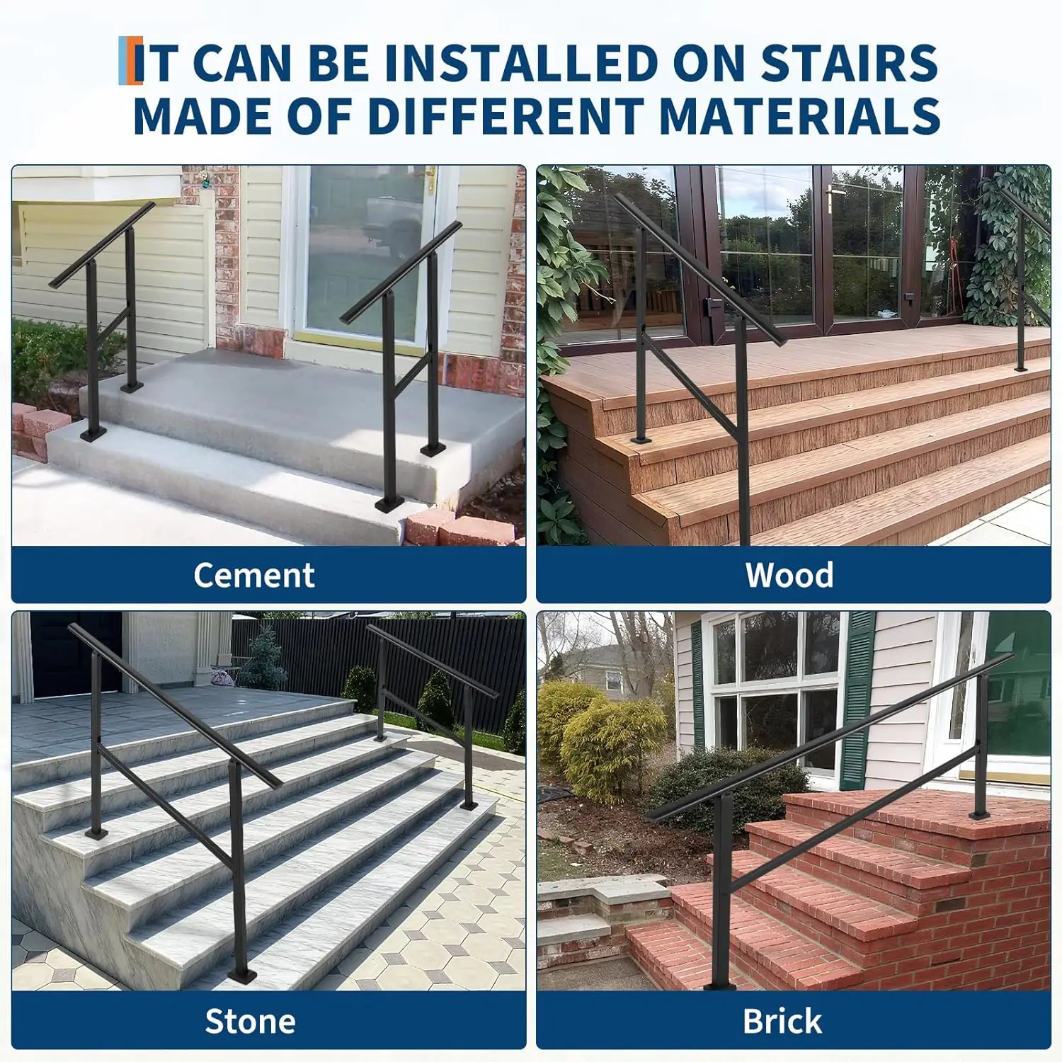 1PC Hand Rails for Outdoor Steps, Adjustable Handrail & Indoor Stair Railing Kit Metal Porch Stair Railing for Porch Deck Garden