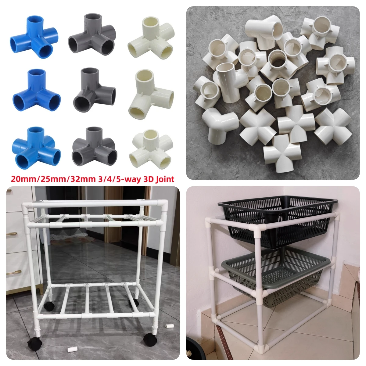 

8Pcs 20/25/32mm PVC Pipe Connector Three-Dimensional 3-way 4-way 5-way Water Tube Adapter Home DIY Shelf Joint White/Blue/Grey