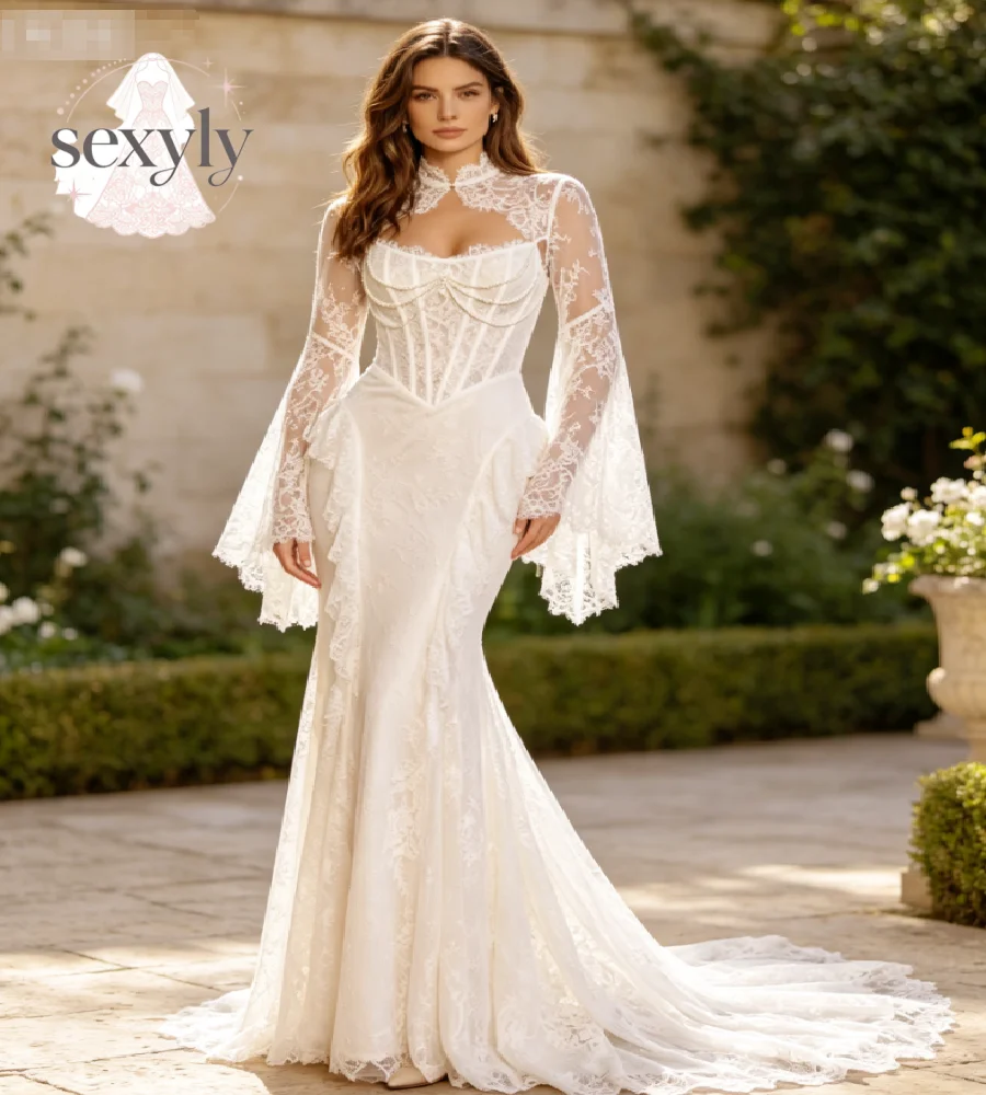 Romantic Boho Mermaid Lace Wedding Dress 2027 Bell Flared Long Sleeve Corset Boned Ruffles Bridal Gowns Celtic Beach Customized
