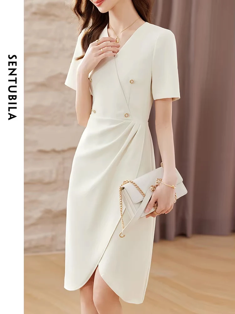 SENTUBILA Elegant V Neck Ruched Faux Wrap Dress for Women 2024 Fashion Short Sleeve Bodycon Split Dress for Ladies Work Office