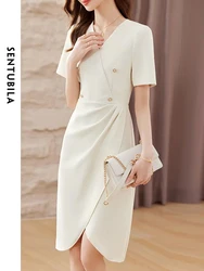 SENTUBILA Elegant V Neck Ruched Faux Wrap Dress for Women 2024 Fashion Short Sleeve Bodycon Split Dress for Ladies Work Office