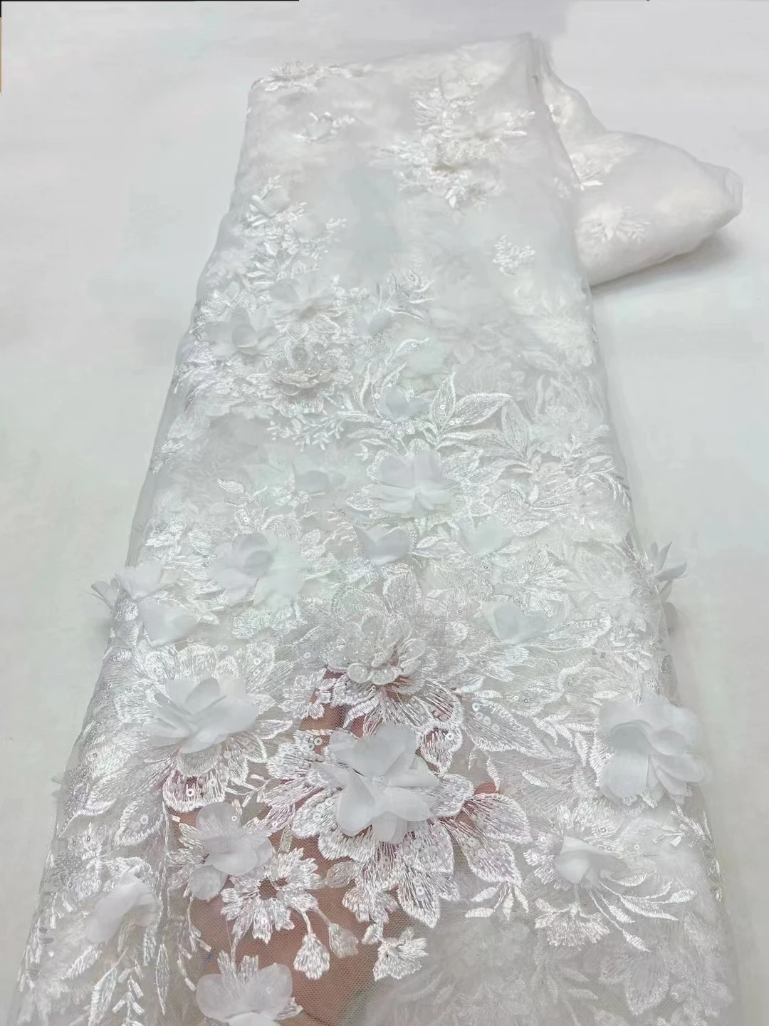 

White African Lace Fabric 2024 High Quality Mesh Embroidery 3D Flower Tulle Nigerian Lace Fabric for Party Dress 5 Yards XZ