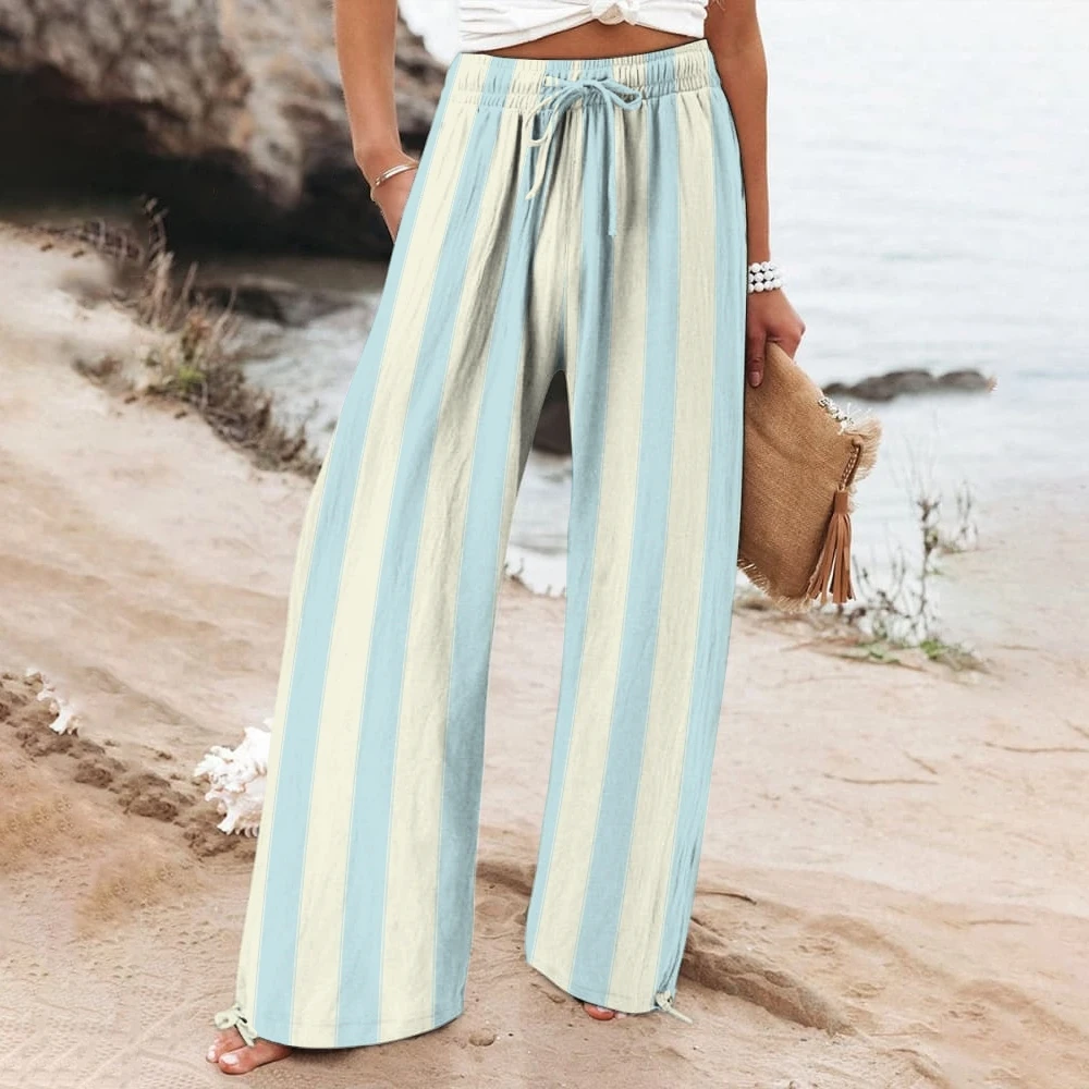 

Vertical Striped Drawstring Pants Versatile Light Blue Beige Stripes Trousers Wide-Leg Stripe Wear Beach Vacation Straight Pants