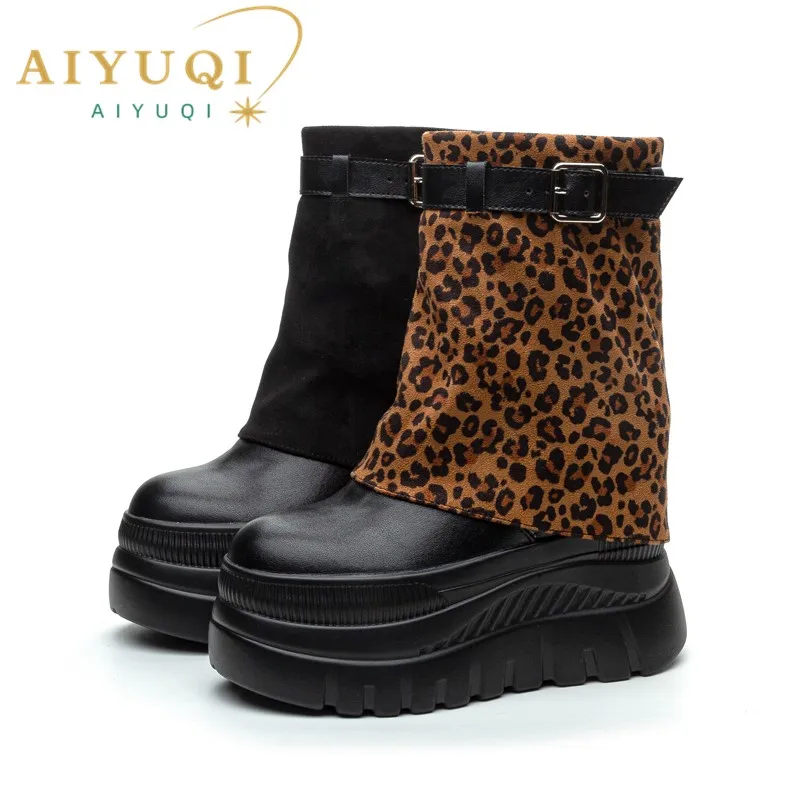 

AIYUQI Booties Women 2024 Autumn New Platform Pants Tube Ankle Boots Women Retro Leopard Print Inner Heightened Boots Women