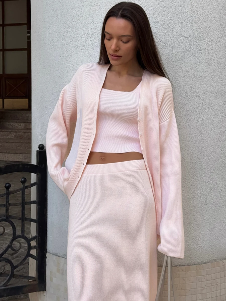 Bornladies Women's Knitted Three Piece Set with Open Collar Long Sleeved Sleeveless Crop Top and High Waisted Long Skirt Set