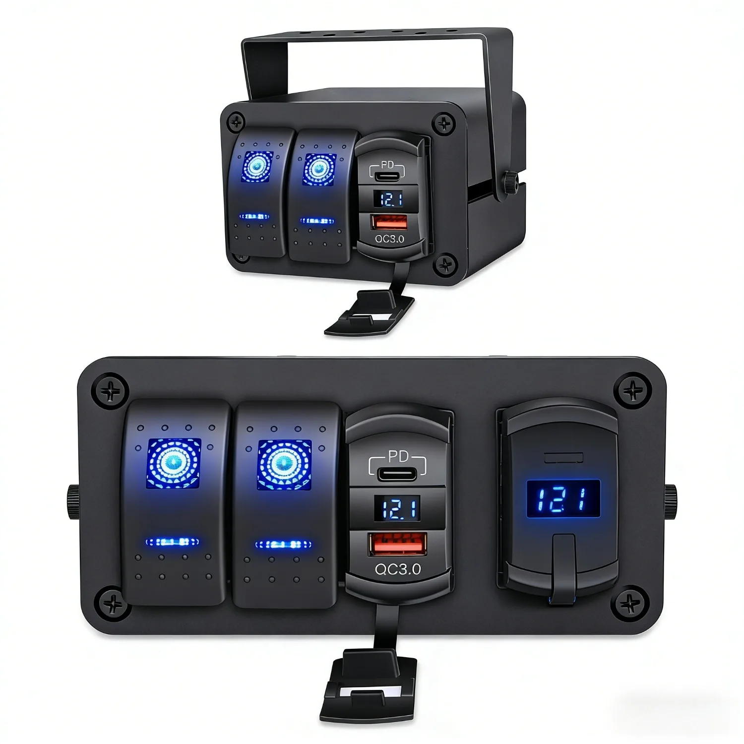 

Waywe 2 Gang Rocker Switch Box: 12V PD Type C/QC 3.0 USB Voltmeter (Waterproof Aluminum) for Boats/Cars/RVs/Trucks