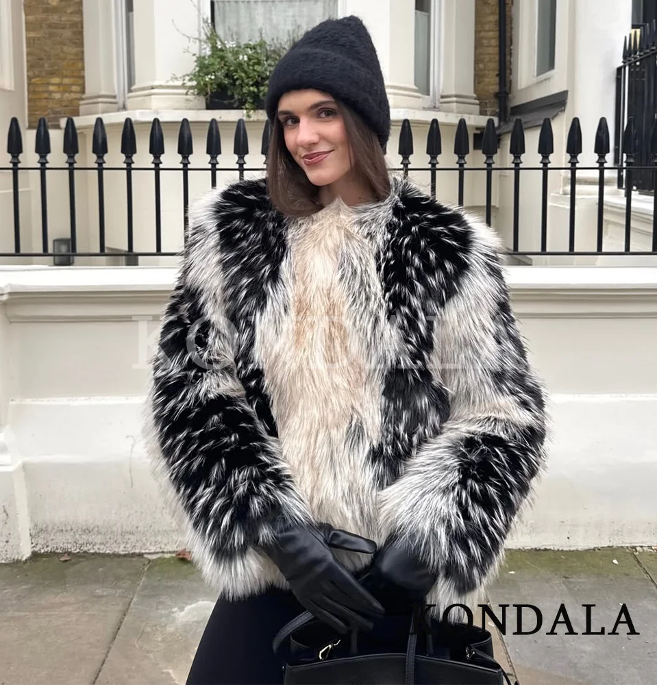 KONDALA Trendy Faux Fur Contrasting Coat Women Fall Winter High Street Casual O-Neck Jacket 2026 Fashion Female Vintage Fur Coat