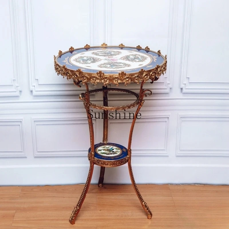 

Italian retro brass ceramic small round table double layer red couple landscape sofa side table