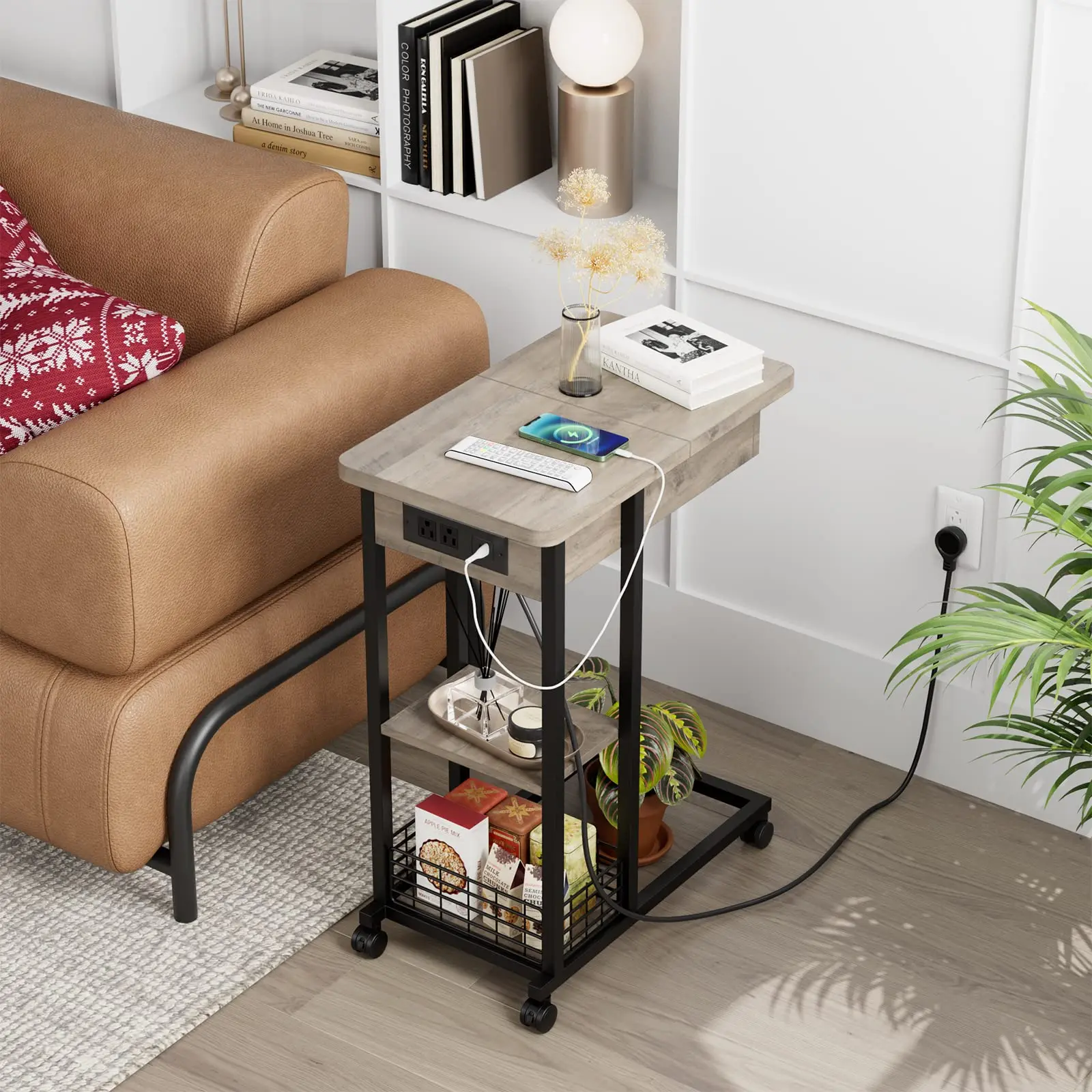 C Shaped End Table with USB Ports and Outlets Charging Station, Flip Top Sofa Side,Narrow End Table with 3 Tier Storage Shelf