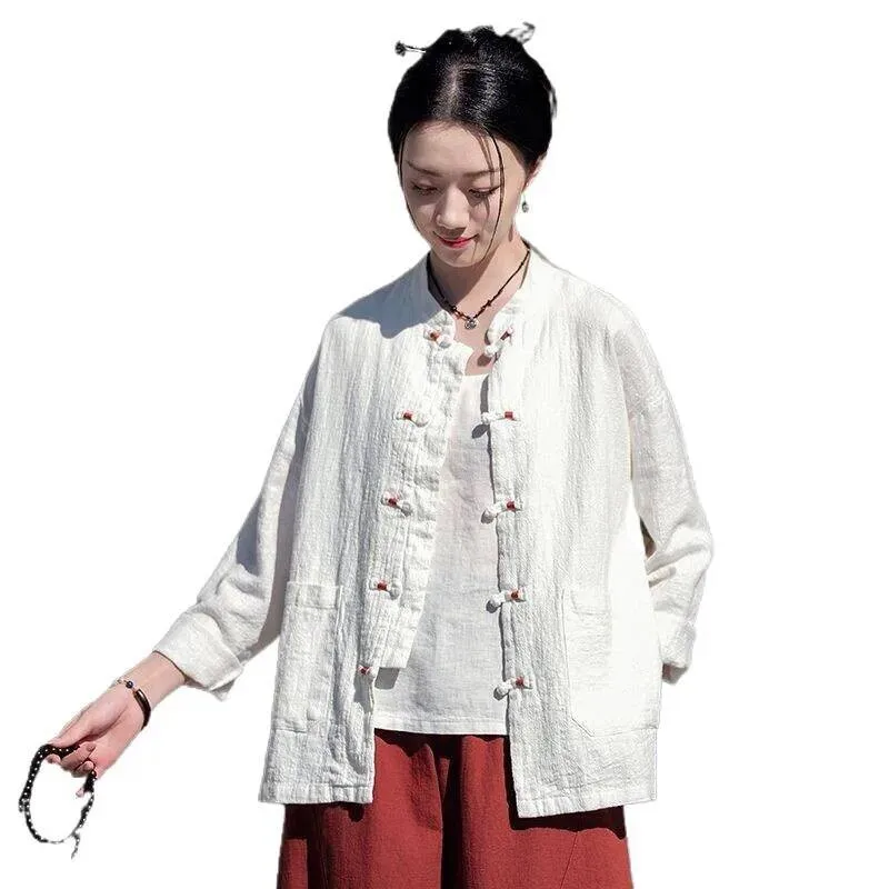 Nowa damska kurtka rozpinana w stylu chińskim z długim rękawem, luźny krój, stójka, zapinana na guziki, artystyczny styl zen, bawełna i len.